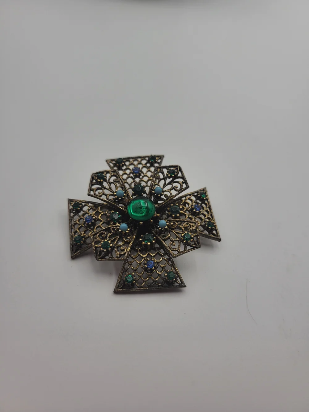 Vintage-Inspired JJ Green and Blue Filigree Cross Brooch